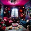 Placeholder: Detailed people, creepy living-room made of felt, naïve, vintage toys, sun, splops, volumetric light, giant flowers, naïve, Tim Burton, strong texture, orero dream, extreme detail, Max Ernst, decal, rich moody colors, sparkles, Harry Potter, bokeh, odd