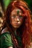 Placeholder: Beautiful 15-year-old girl, with green eyes and freckles on her face, with long blood-red curls, dressed in primitive and ancestral tribal clothing, practicing an ancestral dance in a primitive village