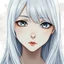 Placeholder: a close-up headshot of a shy young woman with long white hair, silver eyes with long lashes, slim delicate build, sickly complexion, soft, cell shaded anime style, intricately detailed, splotchy watercolor background