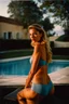 Placeholder: realistic undressed supermodel, magazine analog photography from the 90's, polaroid colors, summer evening, pool, sundown, very beautiful face and skin, France