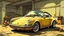 Placeholder: vintage porche 911, faded yellow paint, in a garage in a city, cartoon style