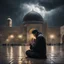 Placeholder: Hyper Realistic Man praying outside al-aqsa mosque at dark heavy rainy night with dark clouds