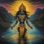 Placeholder: An oil painting of goddess Kali crossing a lake, neon gold colors, high detail eyes,