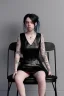 Placeholder: Billie Eilish, sitting on a chair, Black Short Dress, high detail, realistic