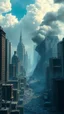 Placeholder: Fantasy world experiencing earth-shattering earthquake in big city with a lot of buildings, The sky is clouded with smoke and ashs