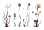 Placeholder: Isolated concept art of alien plants on a plain neutral background. Strange fictional extraterrestrial flora with unusual shapes, glowing details, thorns, spines, tendrils, and exotic flowers. Each plant designed with unique silhouette and fantasy colors, digital painting style, detailed textures, science fiction botanical illustration, no background, no landscape.