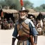 Placeholder: [high res photo by Gilligans Island] elder Don Quixote smiles, ready to fight, in dust, rust and blood, his body is covered with cartridge belts