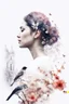 Placeholder: White background, double exposure, portrait of a woman in profile, flowers, birds, branches, city, double exposure