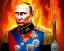 Placeholder: evil Russia president satan fangs Vladimir Putin, Moscow in fire