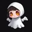 Placeholder: Cute little girl ghost cartoon fantasy night black made of shadows with orange eyes no background