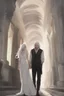 Placeholder: Woman with white hair wearing a white dress, walking down a sunlit stone hall, AND a handsome man in the background lurking in the shadows with long black hair