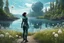 Placeholder: young woman in an android suit with dark hair, standing on the shore of an alien sea, with flying forests of dandelion seed head trees in the distance