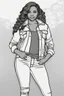 Placeholder: full body black curvy woman wearing jeans, eyes front camera coloring page, black and white