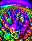 Placeholder: a field of skulls, multi colored, bright, vivid, psychedelic, high detailed, matte, bunches and bubbled up clumps, horrorcore, vines, unsettling contrast, through a fisheye lense
