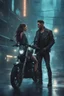 Placeholder: Science fiction, cyberpunk, city street, couple girl and guy, together, love at first sight, forbidden love, storm, lightning, motorcycle