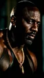 Placeholder: idris elba x morris cheshunt as a handsome dark skinned and muscular heavy set man with a bald head and neatly trimmed beard. he is wearing a leather waistcoat and no shirt. he has a gold earing in his left ear