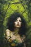 Placeholder: abstract creation of a beautiful girl with black curly hair, surrounded by green forest, wrapped in barbed wire, glass petals on the ground, summer and bright colours, chaos,