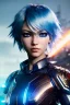 Placeholder: Cyborg anime warrior, light blue hair, short and messy hairstyle, blue eyes, waist up portrait, 4k resolution, intricate details, ornate details, soft lighting, vibrant colors, retroanime, masterpiece, intricate eyeliner, dark eyeshadow, eyes, intricate tattoos, futuristic cityscape background