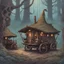 Placeholder: Intricately painted gipsy gnome wagons traipsing misty forests in fantasy caravan, colored ink concept art illustration, highly detailed pen drawing style for Dungeons and Dragons