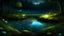 Placeholder: Paisaje que muestra un estanque mágico escondido en lo profundo del bosque, es de noche, hay peces que brillan con la luz de la luna, está lloviendo levemente, hay sapos en la cima de una roca cerca del estanque y hay algunas luciérnagas que rodean el paisaje.