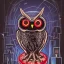 Placeholder: spanish illustrator, owl standing on robot hand, metal beak, red eyes, complex circuits in eyes, bombed city, luminescent lights, cimematic, michael mann movie