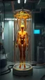 Placeholder: Sleeper in tube cabinet made of glass filled to the top with honey coloured liquid , in a laboratory inside it a half alien and a half human creature body standing vertically inside , connected with wires and electrical wires , the human standing in side, a high tech equipment in the background ,4K, cinematic, high resolution