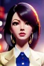 Placeholder: Anime business woman, dark brown hair, elegant hair, blue eyes, gold hoop earrings, waist up portrait, 8k resolution, intricate details, ornate details, soft lighting, vibrant colors, retroanime, masterpiece, intricate eyeliner, dark eyeshadow, eyes,futuristic cityscape background