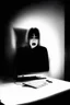 Placeholder: solana king liquidation flush shadow face in a dark room looking at computer oracle of delphi seeing the future in the style of surrealism black and white