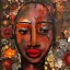 Placeholder: an abstract painting of rusted metal and flowers, african portrait, rust, scaffolding, iron cladding, decay, mixed media, textured, anatomically correct, beautiful perfect face, sharp focus, highly detailed