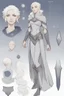 Placeholder: Dnd character sheet, full body. A female Moonelf twilight cleric with white hair and dark blue eyes, wearing gray robes. Etheral, muscular, beautiful