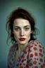 Placeholder: Face portrait of a beautiful 30 years old Polish woman taken by a Mamiya M645 camera with portrait lens on colour medium-format film, red lips, blue eyes, pored skin, neutral light, skin isn't smooth, tiny freckles on cheeks and forehead