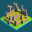 Placeholder: 3d isometric labyrinth with stairs and pillars, pits and traps, 3 monsters, water, small castles