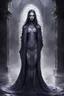 Placeholder: a slender figure draped in robes woven from night, observed the kneeling warrior with eyes like smoldering embers. The whispers of countless souls swirled around her. inside the bone castle, near the river of souls