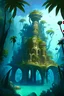 Placeholder: A D&D mysterious jungle island with main street leading to ruins of crumbling and ancient time worn monumental buildings, underwaterfeeling buildings built by auqutic intelligent humanoids, coral architecture, magical domes holding seawater, symbiotic arcitecture with jungle and ocean, spiral tower reminiscent of seashells, clear blue sky, ominous crumbling human settlement on the side, partly flooded and destroyed side buildings