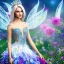 Placeholder: Fantasy fairy with transparent wings, smiling, make up, long platinum blond hair with crown and flowers, blue dress, flowering background