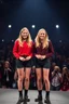 Placeholder: Norwegian Identical teenage twins celebrites, same sex gender standing on a stage with holding their hands, lot of photographers, flashing lights, identical twins with same sex gender