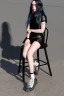 Placeholder: Billie Eilish, sitting on a chair, Black Short Dress, high detail, realistic