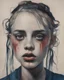 Placeholder: A portrait of a Singer Danish MØ face, painting by John Kenn Mortensen, darkblue and darkred tones,