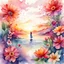 Placeholder: Transform your imagination into reality with a breathtaking image of a mesmerizing sunset drop, closed full lips in a smile, and a burst of vibrant flowers. Let the beauty of these elements blend together in perfect harmony, creating a sense of tranquility and artistry. watercolour illustration. conceptual art.