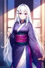 Placeholder: girl, masterpiece, best quality, cinematic lighting, detailed outfit, vibrant colors, perfect eyes, white hair, purple eyes, long hair, kimono, indoors, light rays, hairclip, smile,