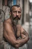 Placeholder: close up photography of an ugly 44 year old beefy robust burly turkish homeless, wearing his work unbuttoned shorts, shirtless, leaning with his back on the wall, hands on the fap, dirty, sweat, wet, ajar mouth, hairy chest, , very virile, short beard, shaved hair, sweat, , in a sunny street, photorealistic , frontal view from the ground