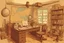 Placeholder: office, Work desk, map globe, village house, old room, minimal, digital painting, vector, illustration, politics, 1900 AD, old, COLORS, cartoon, Letters,