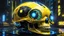 Placeholder: A masterpiece conceptual digital painting of a prototype, experimental, yellow(((Pac-Man)))-cybernetic skull hybrid, with illuminated holographic eyes, pinstripes, and detailed LED light accents, in a glossy cyberpunk background, Syd Mead art style, sci-fi, cyberpunk, game art, intricate details, HDR, beautifully shot, hyperrealistic, sharp focus, dim foul lighting, 64 megapixels, perfect composition, high contrast, cinematic, atmospheric, moody.