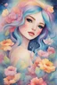 Placeholder: Watercolor style, watercolor painting of a girl with beautiful flowers, sparkles background, glow, rainbow hair, beautiful face, young girl, watercolor background, vibrant watercolor painting, by Jeremiah Ketner, dream, illustration art, watercolor painting, very beautiful painting, beautiful watercolor painting, colorful watercolor, romanticism painting, fine art, dynamic, high quality