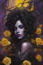 Placeholder: abstract creation of a beautiful girl with black curly hair, surrounded by black roses, wrapped in thick metal chains, glass petals on the ground, autumn and bright yellow and purple colours,dried out thorn bush, chaos,