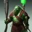 Placeholder: orc mage, Height 200cm, Weight 150kg, Skin color green, Has predator-like eyes, fangs, and claws, He holds an magic cane in both hands. Kills humans with ferocious accuracy, Intelligence is that of a human child. Wears robes of crude cloth