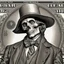 Placeholder: hedcut wsjstyle engraved light lined based on united states federal reserve note dollar bill with the grim reaper the president photorealistic