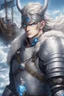 Placeholder: 1man warrior in anime style, with blue eyes wearing silver Vikings armor with a blue crystal on his chest with a battle axe on the pirate ship, anime, anime style