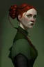 Placeholder: Short woman, red hair tied in a braid, wears a long dark green dress with black gloves, upturned nose and amber eyes, carries a bow on her back