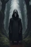 Placeholder: A hooded creature in the forest , dark material, surrealist, elementals, intricate background, masterpiece, octane rendered, artstation